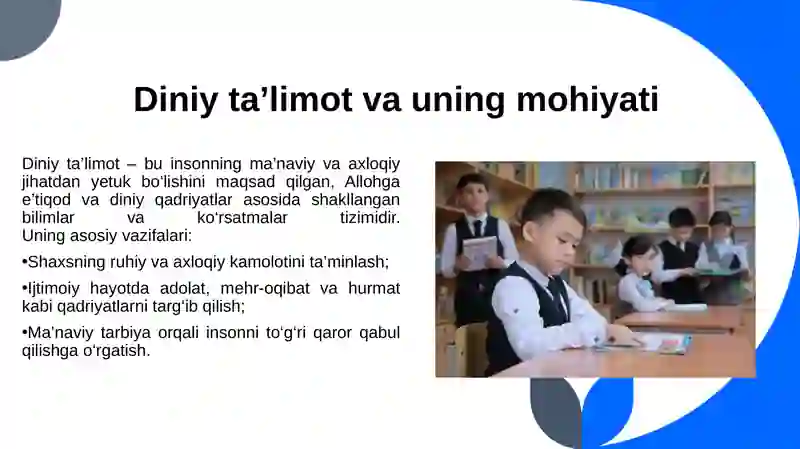 Talim Dri Taʼlim tarbiya jarayonida diniy taʼlimotlarning oʻrni