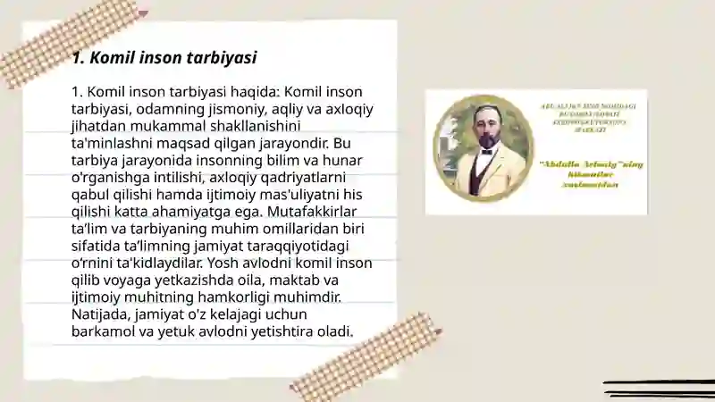Komil Inson Rasm Abdulla Avloniyning komil inson haqidagi qarashlari