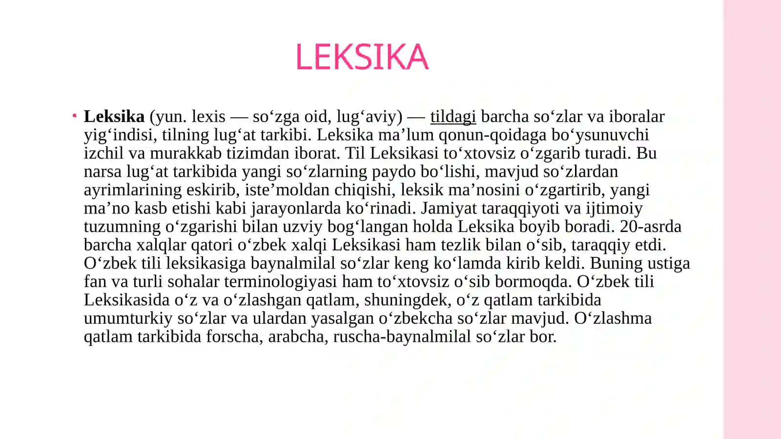 Leksika Rasm PPT Turli sistemadagi tillarda Leksika, frazeologiya, morfologiya va ...