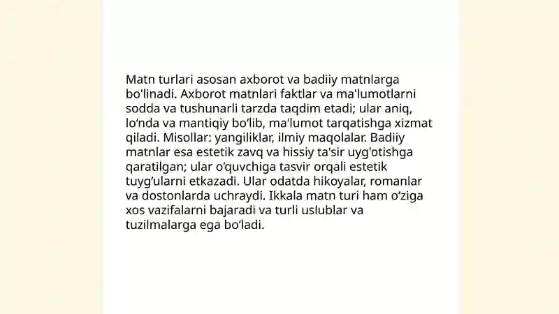 Matn Matn va uning turlarini o'rgatish