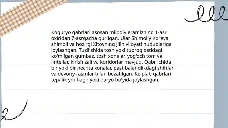 Qabr Rasmlari Koguryo arxitekturasi va qabr devoriy rasmlari