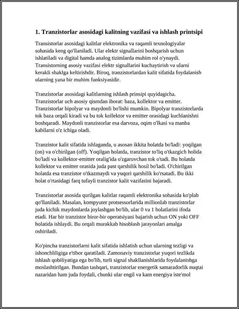 Transistorlar TRANZISTORLAR ASOSIDAGI KALITLARNING VAZIFASI, SXEMA KO‘RINISHLARI VA ...