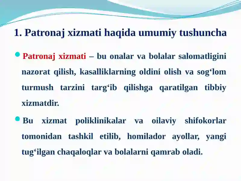 Onalar Rasimi ONALAR VA BOLALAR KASALLIKLARINING OLDINI OLISH BO`YICHA PATRANAJ HIZMATI