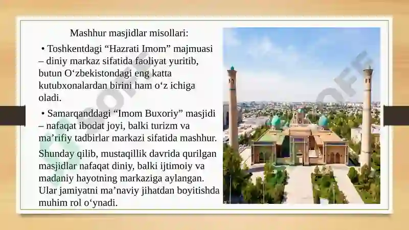 Masjitlar Rasmi Mustaqillik yillarda qurilgan masjid va madrasalar